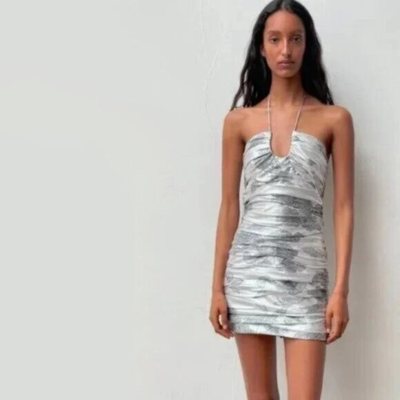 NWT Zara silver metallic floral jacquard mini holiday dress - Picture 1 of 10